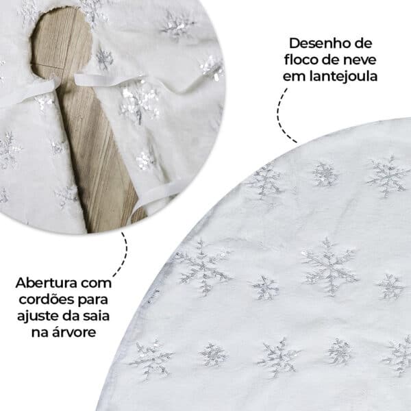 Saia para Árvore De Natal de Veludo Pelo Alto Branco Detalhes Prata Dourado 90cm - Image 4