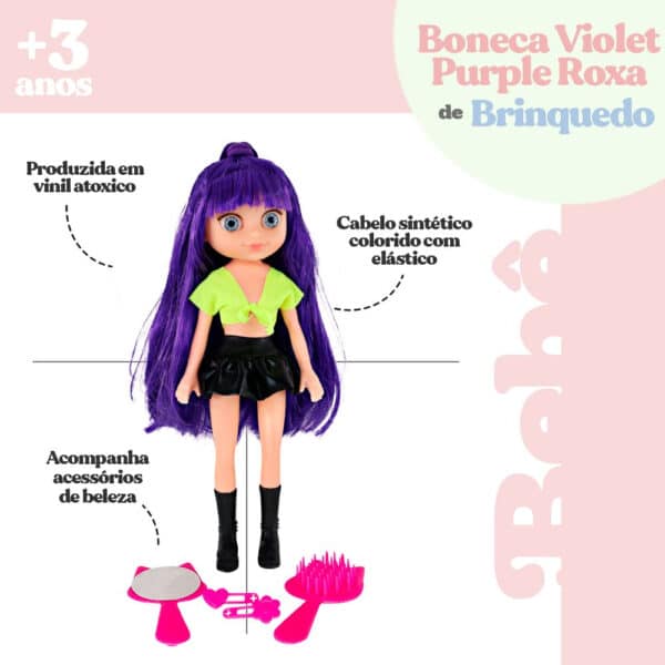 Boneca Violet Purple Roxa 30cm com Acessórios como Pente Espelho e Prendedores de Cabelo - Image 3