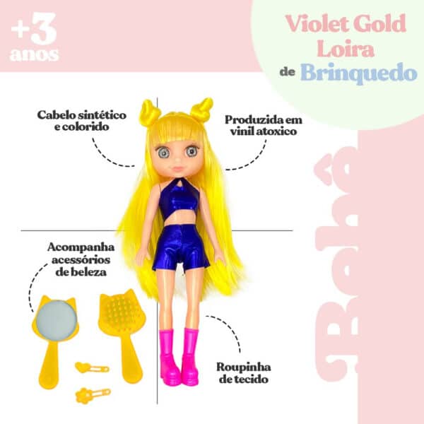 Boneca Violet Gold Loira 30cm com Acessórios como Pente Espelho e Prendedores de Cabelo - Image 3