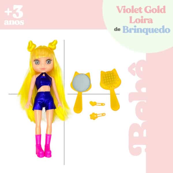 Boneca Violet Gold Loira 30cm com Acessórios como Pente Espelho e Prendedores de Cabelo - Image 4