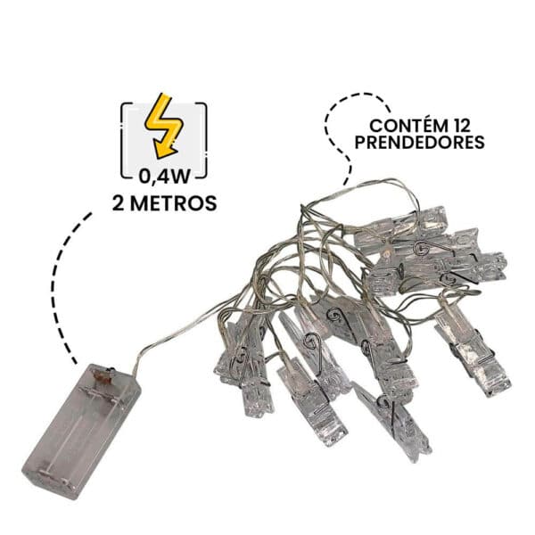 Pisca Pisca Prendedor com 12 Prendedores de LED 2 Metros - Branco Quente à Pilha - Image 7