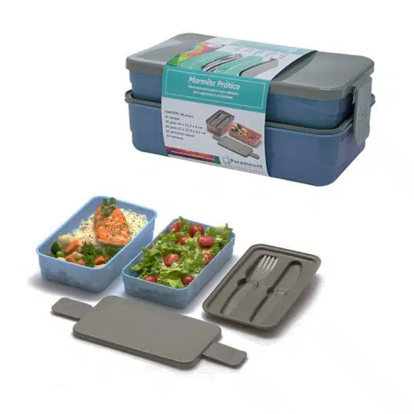 Marmita Prática Divisórias Organizadora Kit Com Talher - Azul