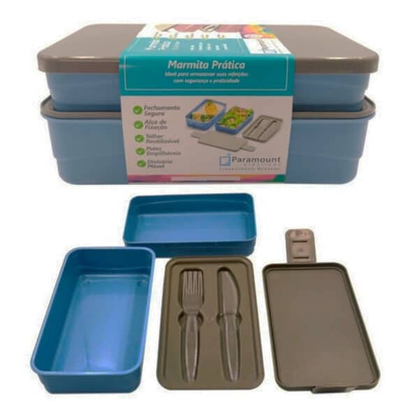 Marmita Prática Divisórias Organizadora Kit Com Talher - Azul - Image 4