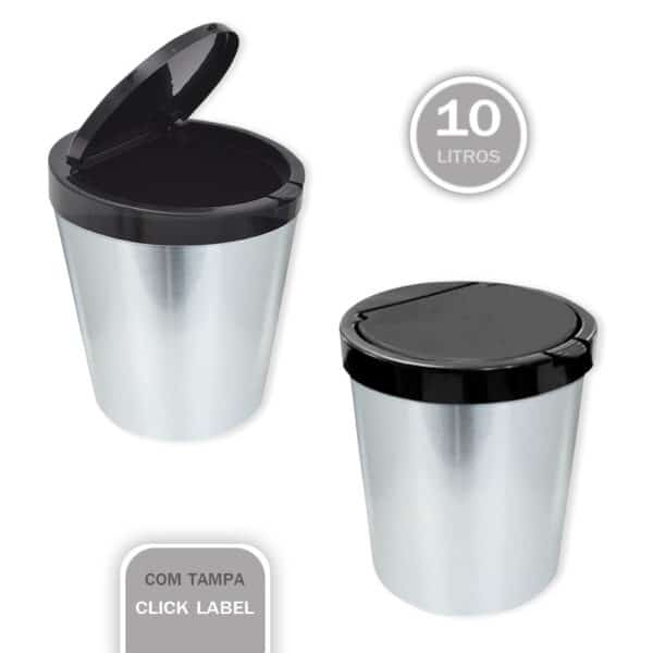 Lixeira Cesto 10 Litros Tampa Click Label Redonda Cor Prata Inox - Image 2