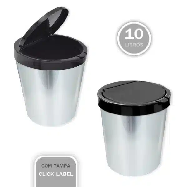 Lixeira Cesto 10 Litros Tampa Click Label Redonda Cor Prata Inox - Image 2