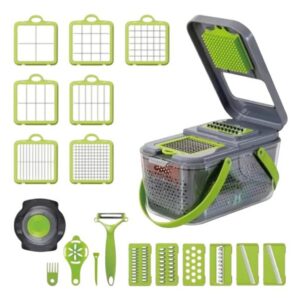 Conjunto Cortador e Ralador Multifuncional Manual 16 Peças - Cinza com Verde