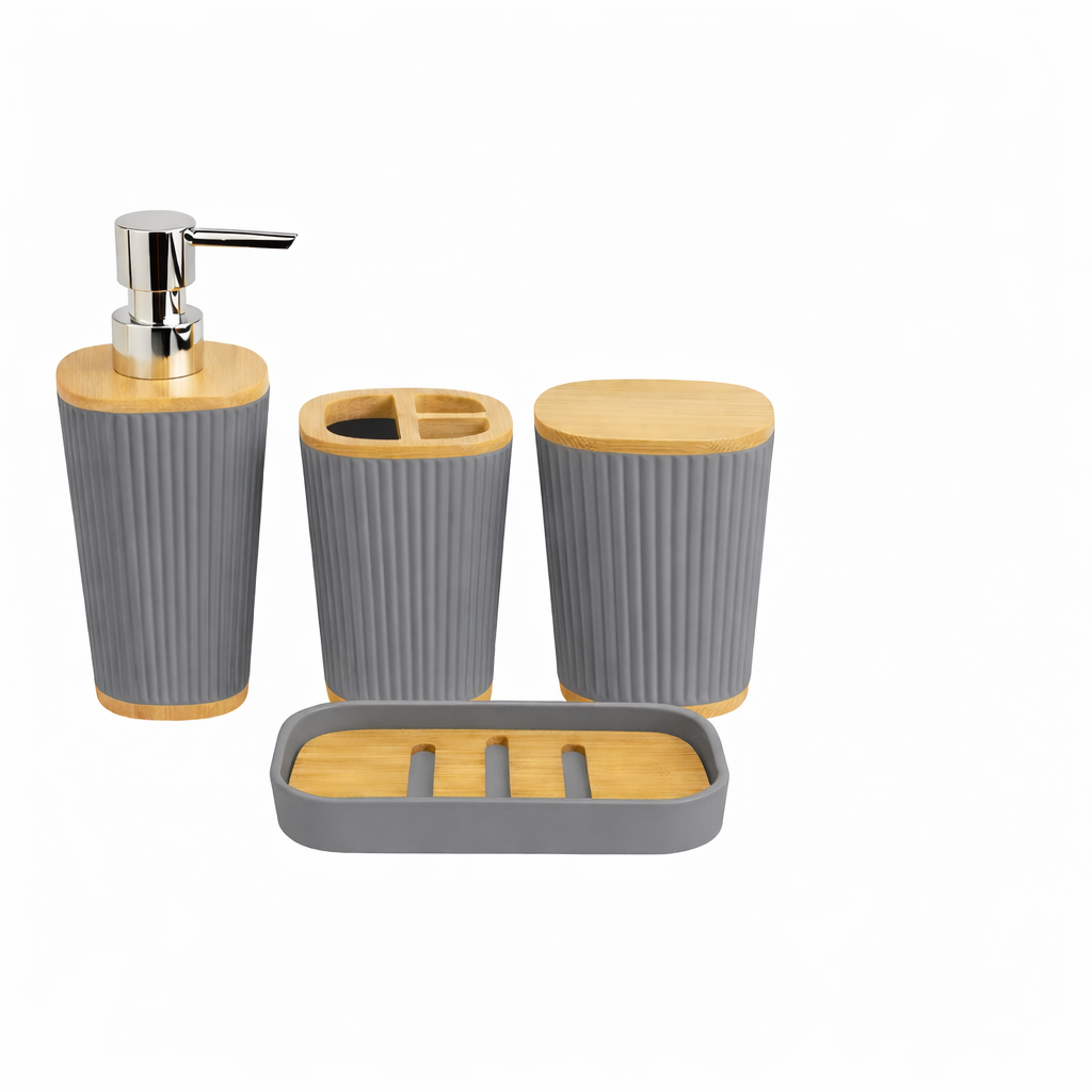 Conjunto para Banheiro 4 Peças Cinza com Bambu | W Plugo